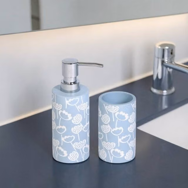 Showerdrape Buttercup Blue Floral Bathroom Accessory Set with Soap Dispenser and Tumbler in Light Blue