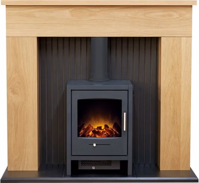 Adam Fires & Fireplaces Innsbruck Stove Fireplace in Oak with Bergen Electric Stove in Charcoal Grey, 114.3 cm