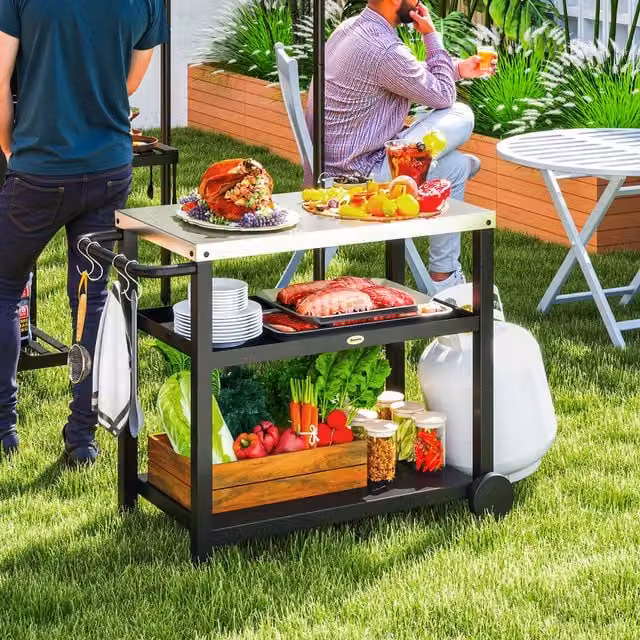 Outsunny Metal Outdoor BBQ Table with Shelf and Castors in Grey and Black