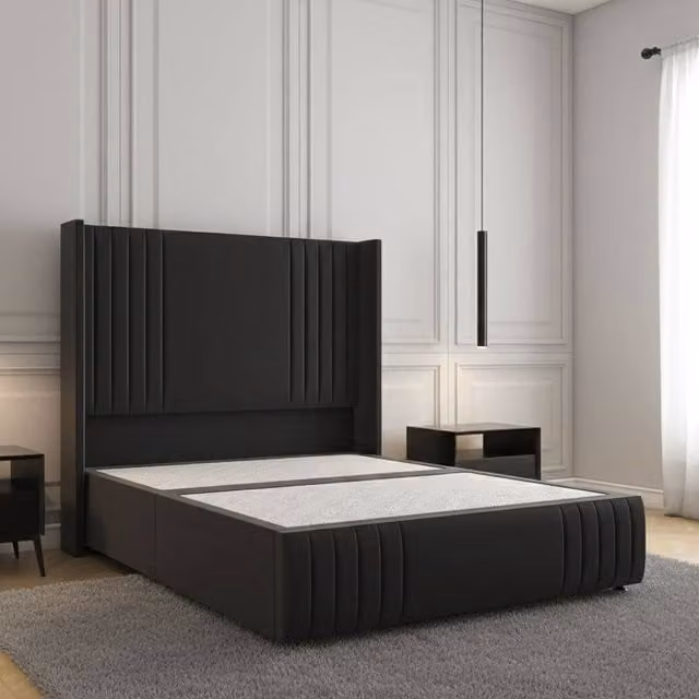 Regional Furnishings Super King Divan Bed with 54 inch Plush Velvet Headboard and Footboard in Black, W/D/H: 200 x 165 x 130 cm