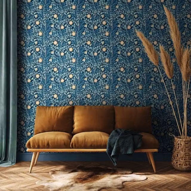 Hoopla Walls Rosehip Trail Floral Mid-Century Wall Art in Navy Blue