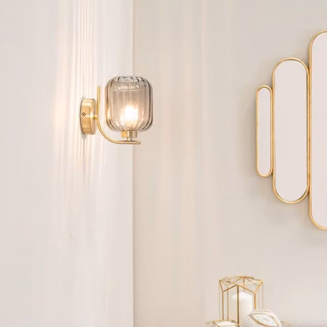 ValueLights Amelie Pair of Gold Stem Single Ribbed Glass Wall Lights with LED Bulbs, Transparent/Gold/Brass