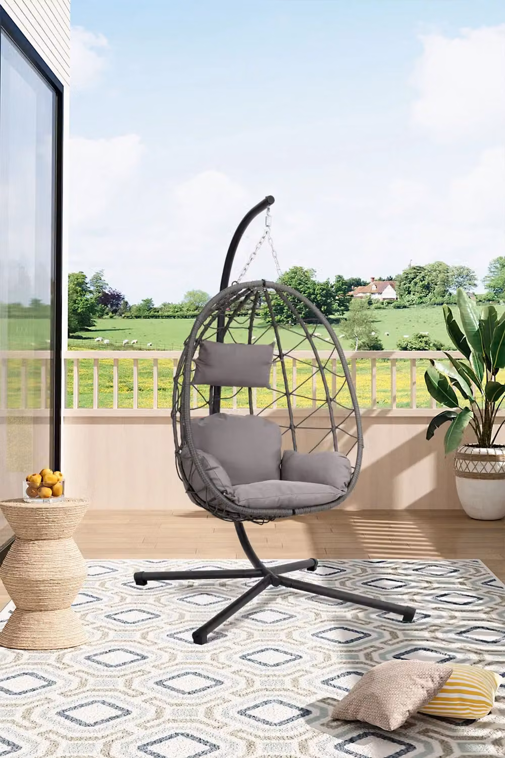 Living and Home Grey Polyrattan Egg Hanging Chair with Stand and Fabric Cushion for Indoor and Outdoor Use – 3
