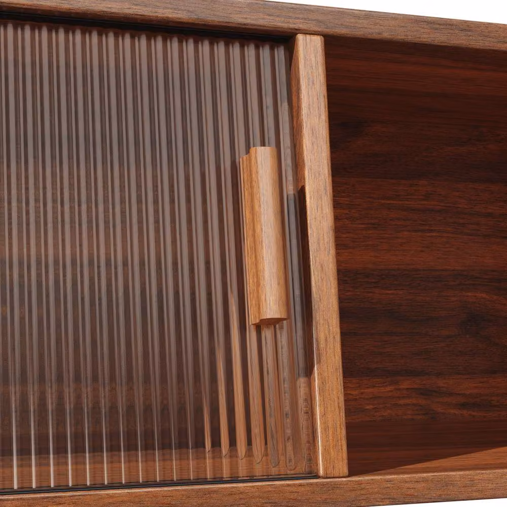 Rolipo Tall Rattan Sideboard Kitchen Cabinet with Glass Sliding Doors in Walnut and Brown – 6