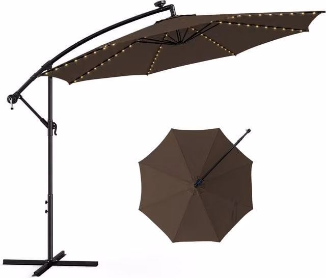 Costway Solar-Powered Lighted Cantilever Patio Offset Umbrella in Brown