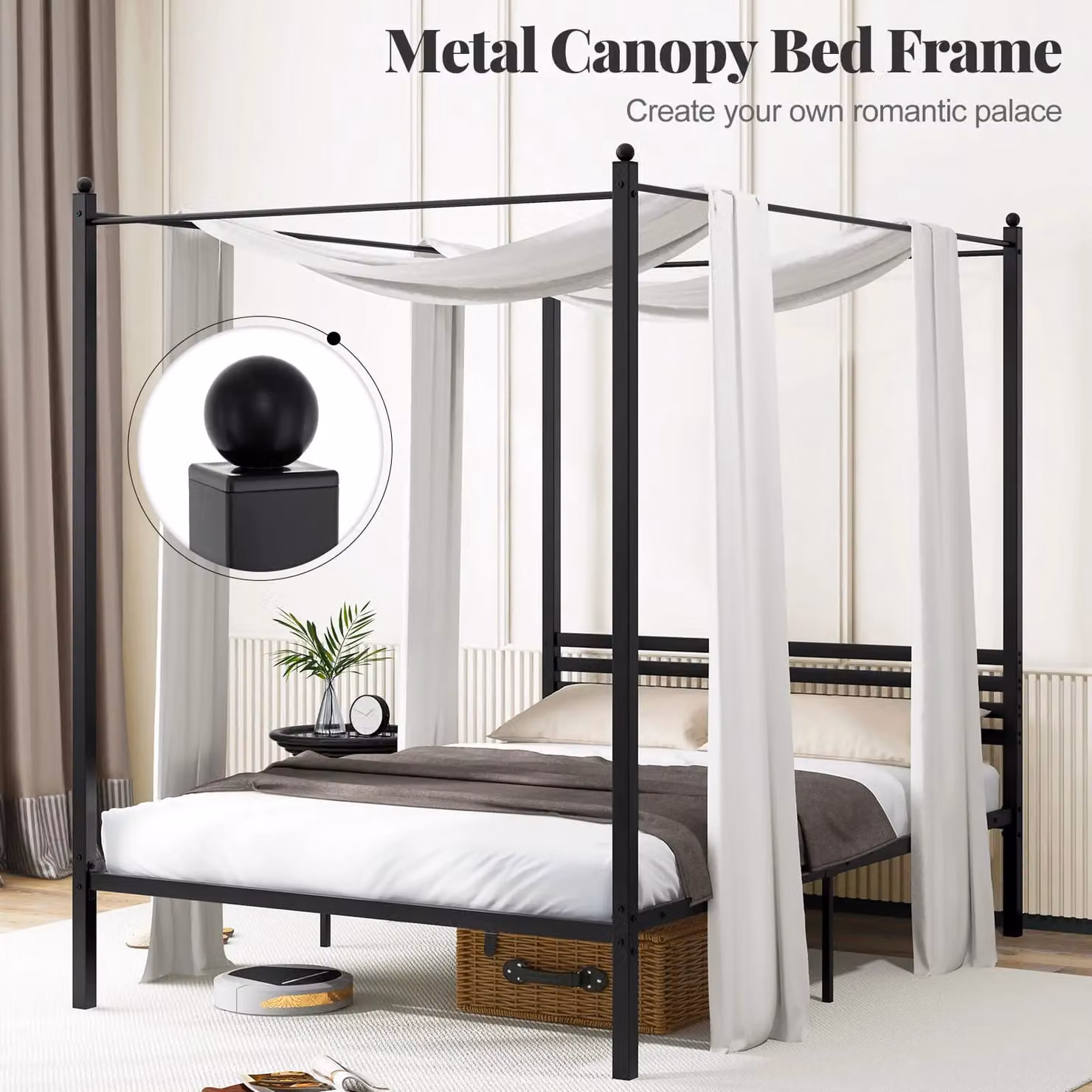 Gymax Double Size Metal 4-Poster Canopy Bed Frame, Black, 140 x 200 cm – 5