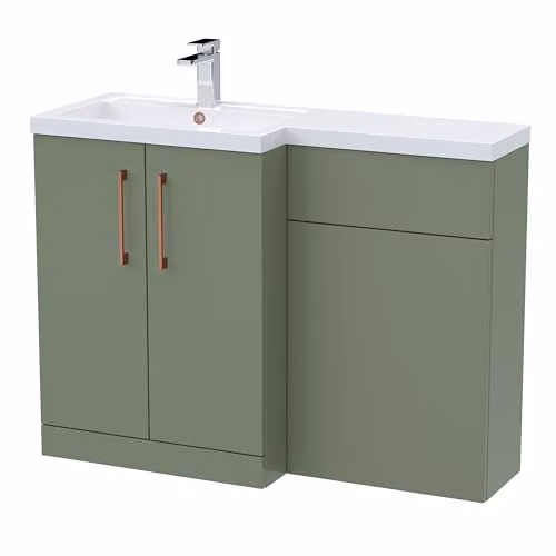 Balterley Corner L-Shaped Vanity Unit and WC Unit with L-Shaped Basin and Worktop, Green, Floor Standing with 2 Soft Close Doors and Copper D Shape Handles – 1