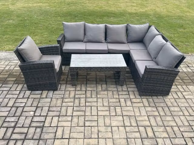 Fimous 7 Seat Rattan Garden Furniture Set with Cushions, Right Facing L-Shape Corner Sofa, 3 Seater Sofa and Coffee Table, Grey
