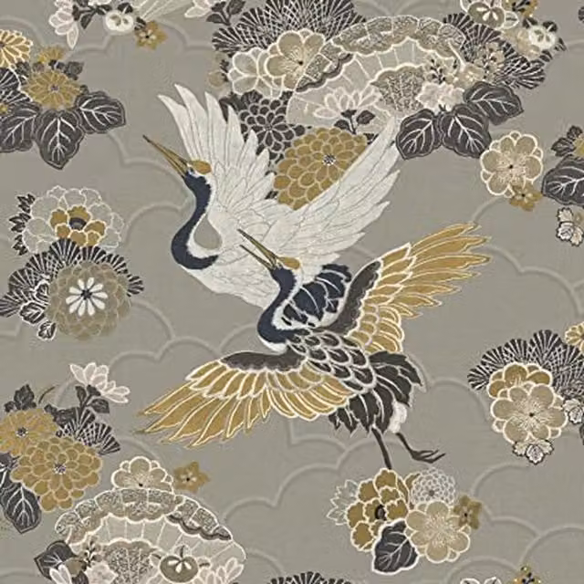 Rasch Akari Kyoto Cranes Wallpaper in Natural Grey and Mustard with Oriental Floral and Animal Patterns