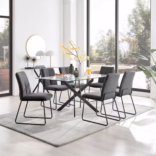 FurnitureboxUK Leonardo Modern Glass Kitchen Dining Table with 6 Halle Chairs in Black and Dark Grey