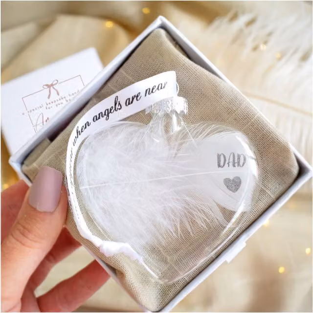 Amaya Rose Ltd In Memory of Dad Feather Heart Glass Bauble in White and Transparent