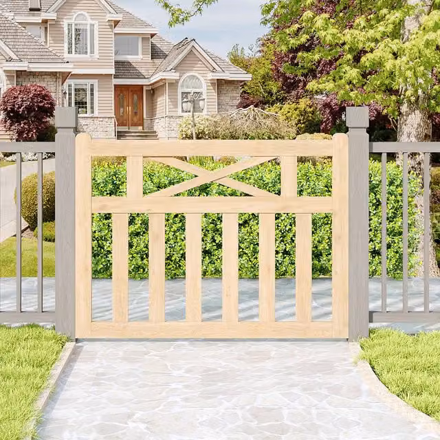Livingandhome Brown Timber Single Crosshead Outdoor Garden Gate, W: 120 cm, H: 90 cm