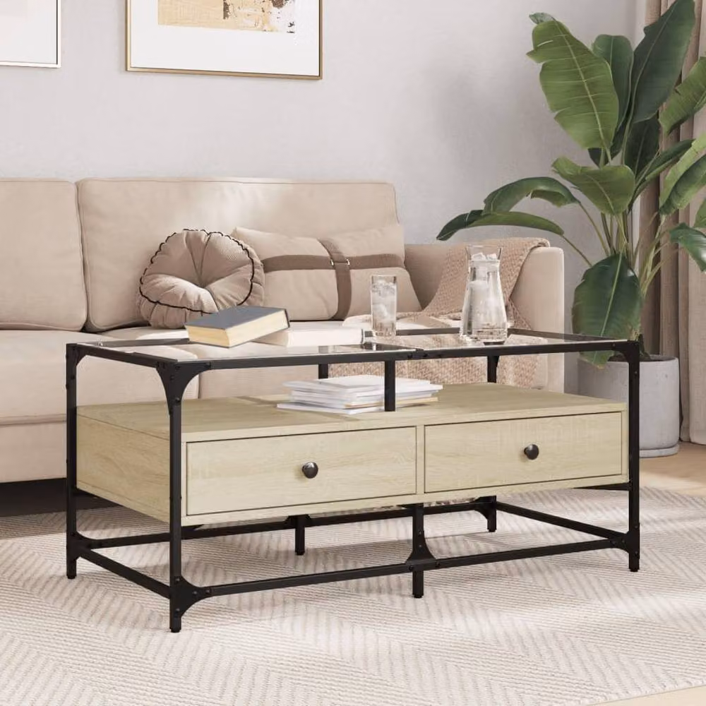 Berkfield Home Sonoma Oak Coffee Table with Glass Top in Natural, W: 98.5 cm, D: 50 cm, H: 45 cm – 2