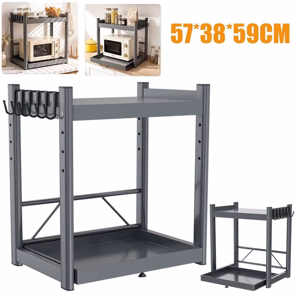 VOGREX 2-Tier Expandable Pull Out Microwave Storage Rack in Black with Adjustable Shelves – 3