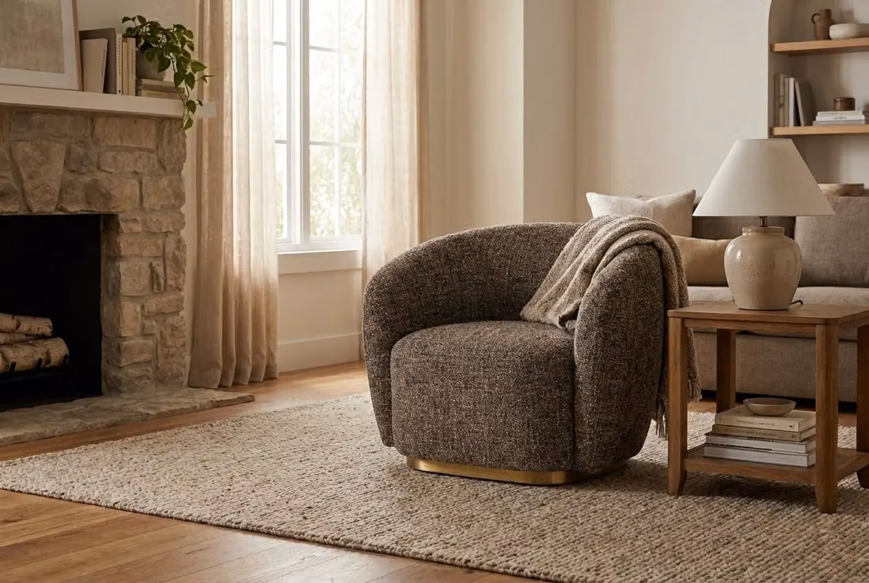 Araco Atelier Cleo Armchair in Pebbles Beige and Brown Fabric