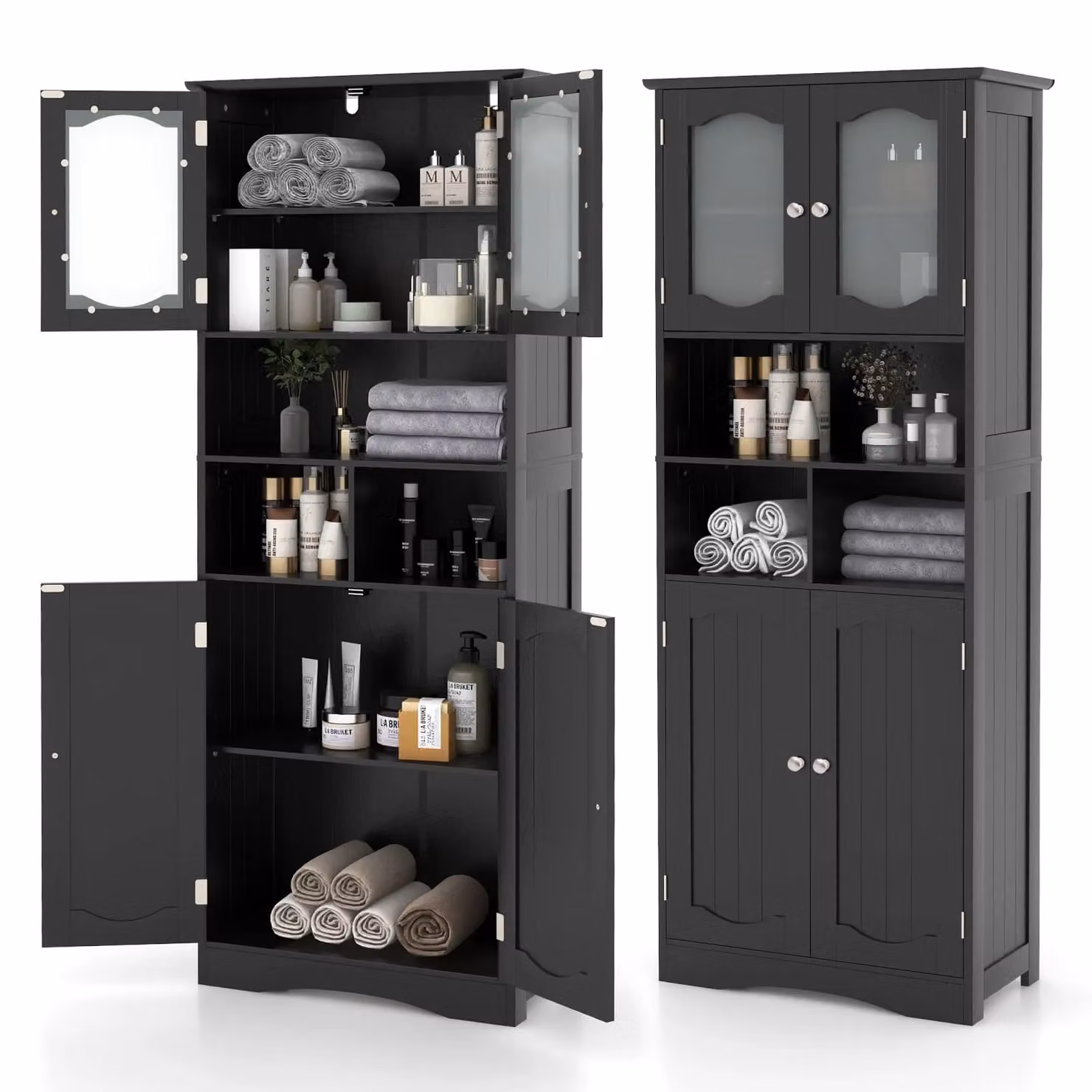 Gymax Freestanding Tall Bathroom Cabinet with Glass Doors and Adjustable Shelves in Matt Black – 4