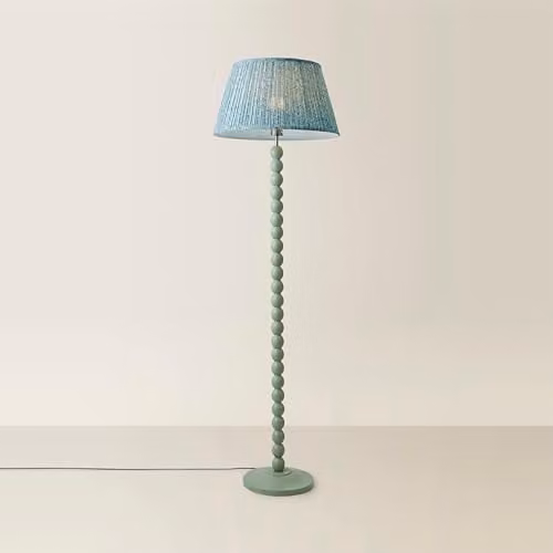ValueLights Bobbins Green Wood Floor Lamp with Fabric Cone Shade