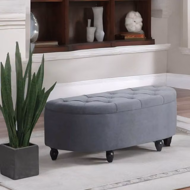 FURNOS Upholstered Velvet Half Circle Wooden Ottoman Storage Bench in Dark Grey, W: 120 cm, D: 46 cm, H: 42 cm – 1