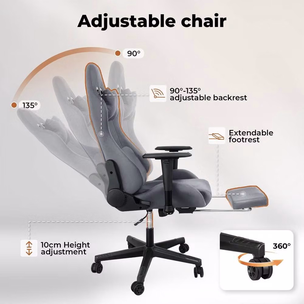 VOGREX Grey Microfibre Reclining Gaming Office Chair with Footrest and Headrest – 4