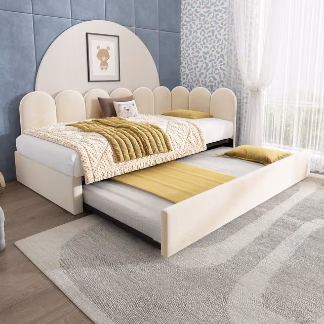 Aosom UK Upholstered Daybed with Pull-Out Trundle in Beige, W/D/H: 193 x 97 x 76 cm