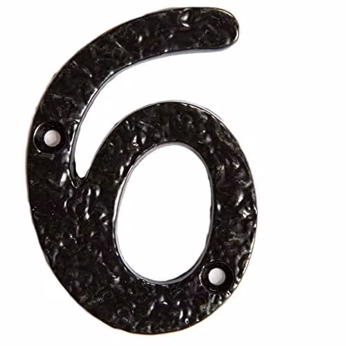 Hammer and Tongs Rustic Iron Number 6 Wall Numeral in Black, Height: 7.5 cm
