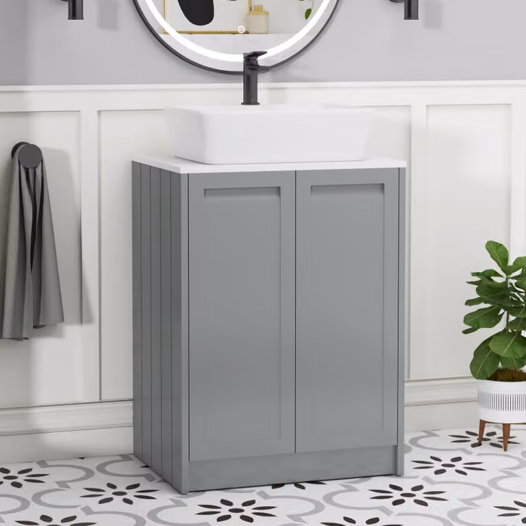 Royal Bathrooms Elmore 600mm Floor Standing 2 Door Vanity Unit in Matt Pebble Grey with Plain White Worktop and Cube Basin
