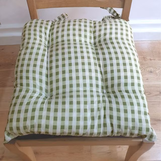 Kitchenwise Sage Green Gingham Check Quilted Seat Pad Cushion with Ties