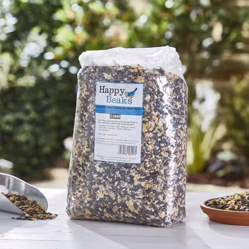Happy Beaks Premium Ground and Table Mixed Bird Seeds, 5kg High Energy Natural Feed with Maize, Peanut Nibs and Safflower – 1