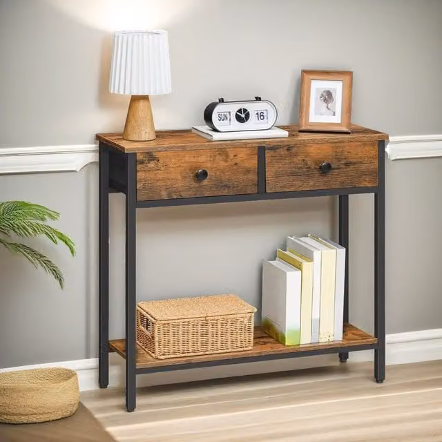 Rafaelo Mobilia Industrial 2 Tier Console Table with 2 Drawers in Brown and Black