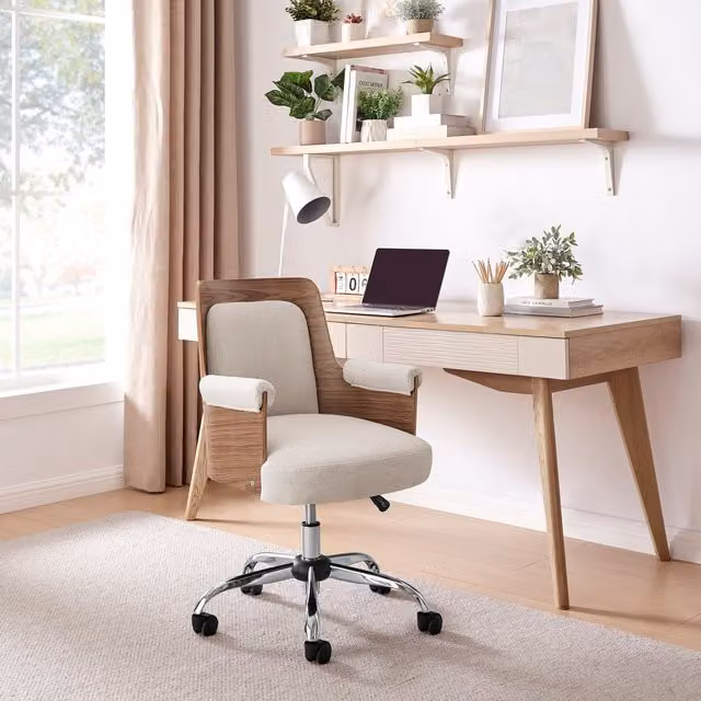 Hoomz Mid-Century Swivel Task Chair in Beige Fabric with Walnut Wood Frame