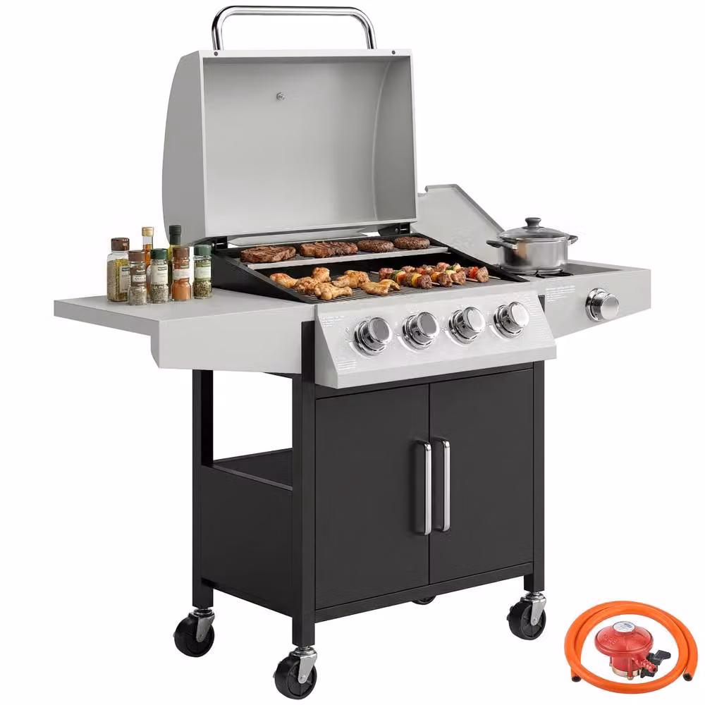 OUTSUNNY 4+1 Burner Propane Gas BBQ Grill with Side Burner and Warming Rack in Silver, W/D/H: 132.4 x 109.0 x 55.0 cm – 2
