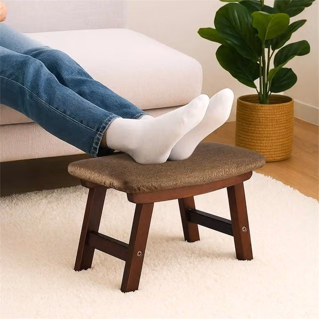 VOGREX Brown Wooden Rectangular Footstool Ottoman with Removable Fabric Cover for Living Room, Bedroom or Hallway – 1