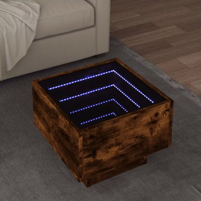 Berkfield Home Side Table with LED in Smoked Oak Brown, W/D/H: 40 x 40 x 30 cm