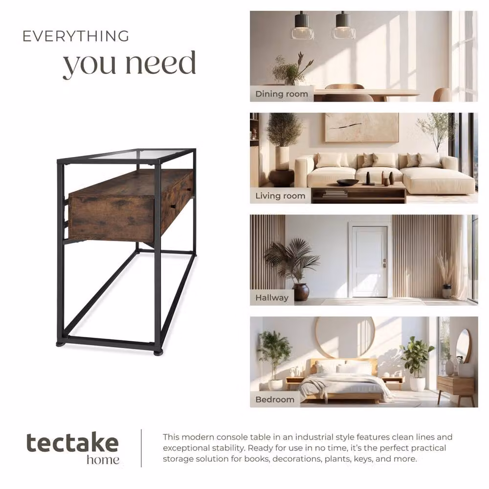 tectake Reading Sideboard with Safety Glass Tabletop and 2 Large Drawers in Dark Brown, W/D/H: 101.5 x 80.5 x 2.0 cm – 4