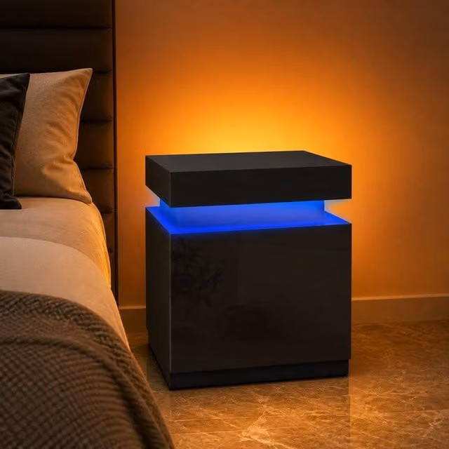 STILVORA Modern Black Glossy Bedside Table with 2 Drawers and Integrated LED Lighting