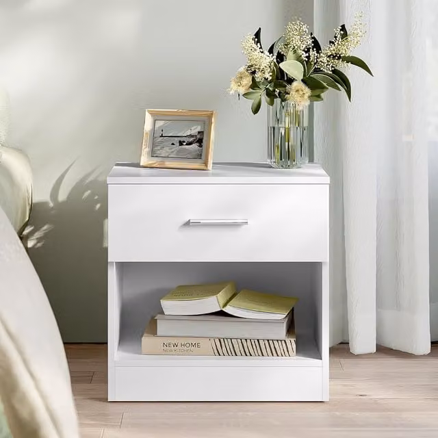 Comfy Living Modern High Gloss Bedside Table with Drawer and Open Shelf in White