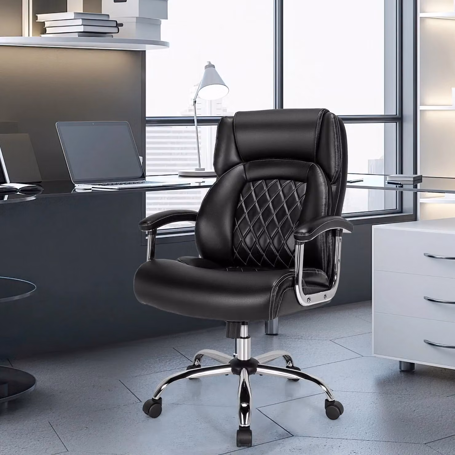 Costway Modern Executive Office Chair in Black with PU Leather Upholstery and Headrest – 3