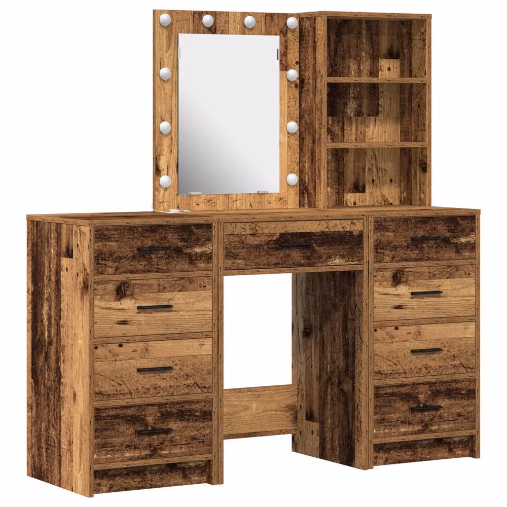 Berkfield Home 3-Piece Hollywood LED Dressing Table Set in Brown Old Wood Finish – 2