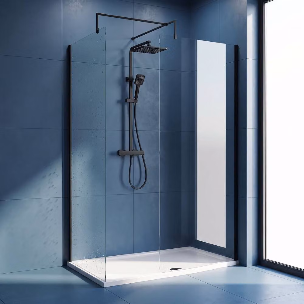 Balterley Walk-In Wetroom Bundle with Rectangular Tray and Fixed Glass in Matt Black, W: 1600 mm, D: 700 mm – 3