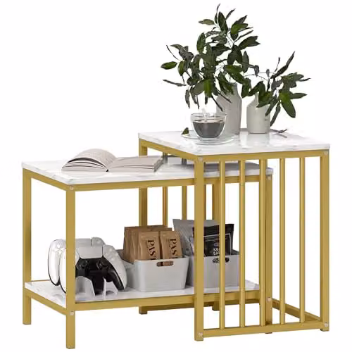 HOMCOM Modern Set of Two Nested Coffee Tables with Marble-Effect MDF Tops and Gold Tone Steel Frames
