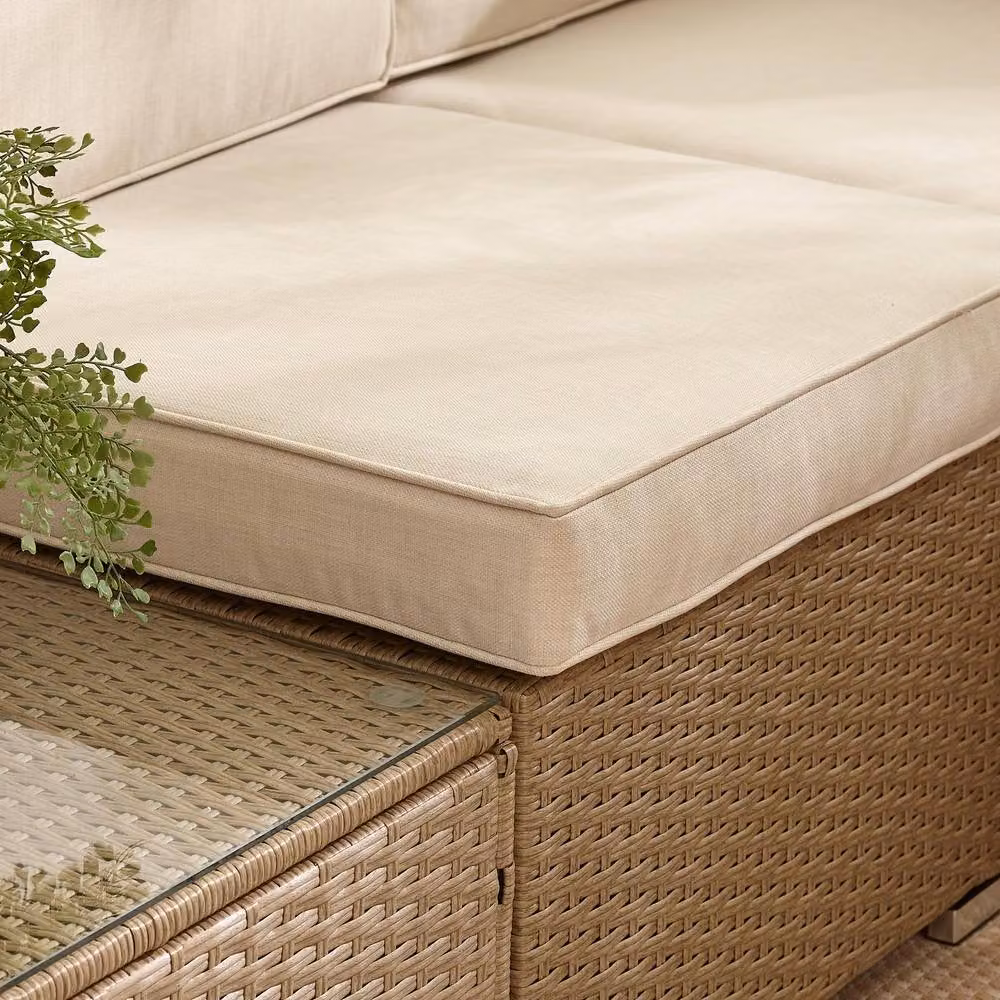 FurnitureboxUK Orlando 6 Seat Modular L-Shape Outdoor Garden Rattan Sofa Set in Beige with Coffee Table and Upholstered Cushions – 3