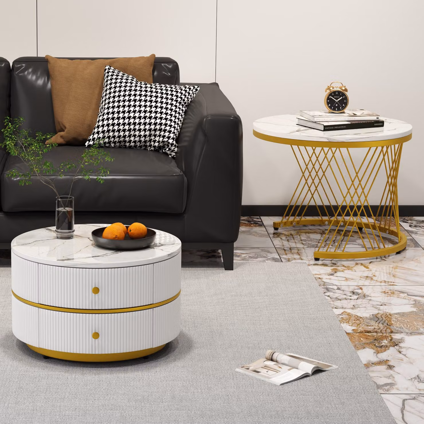 Aosom.UK 2 Piece High Gloss Round Nesting Coffee Table Set with Marble Top and Storage Drawers in Gold and White – 6