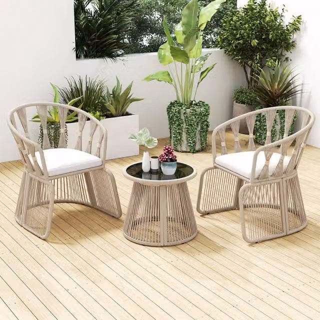 Costway 4 Piece Patio Furniture Set with 3 Rope-Woven Armchairs and Glass Top Table in Beige and Multicolour