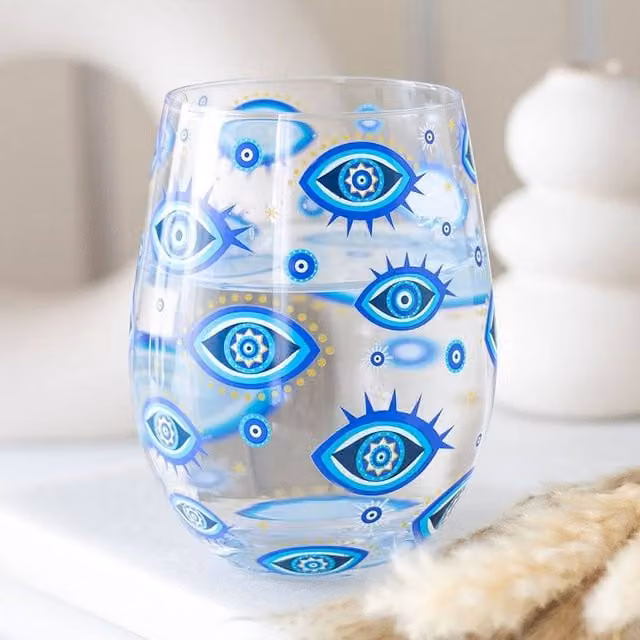 Uniqueful All Seeing Eye Print Stemless Glass Tumbler, Multicolour Blue and Gold, 1000ml
