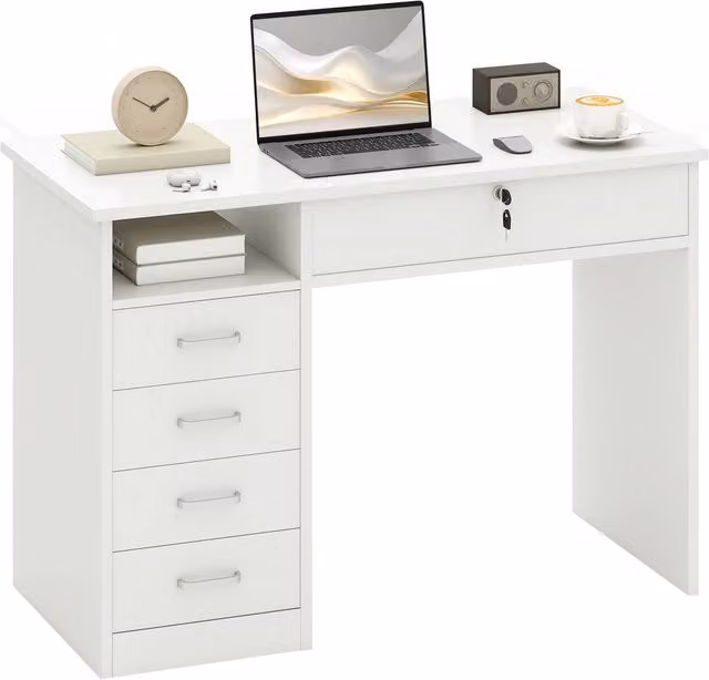 Rolipo White Computer Desk with Lockable Drawer and Storage Shelf W: 110 cm, D: 50 cm
