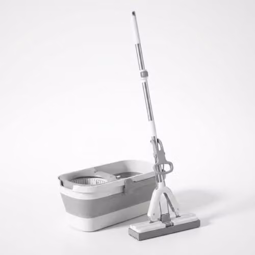 Gr8 Home Super Absorbent PVA Sponge Mop and Foldable Space Saving Bucket Set in Grey with Telescopic Handle – 1