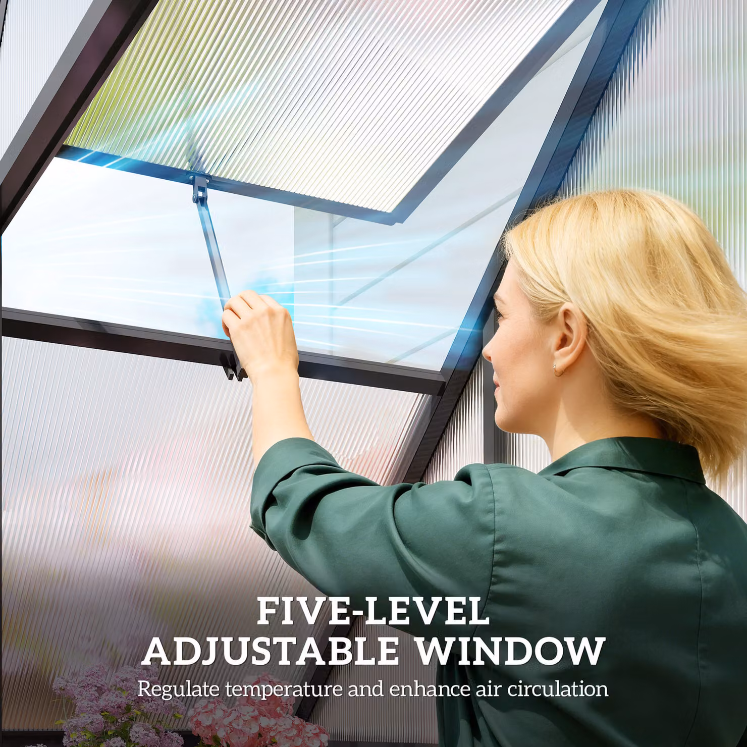 Outsunny Black Polycarbonate Walk-in Greenhouse with Aluminium Frame, Gable Roof, Hinged Swing Door and Adjustable Window, W/D/H: 167.64 x 170.0 x 195.0 cm – 7