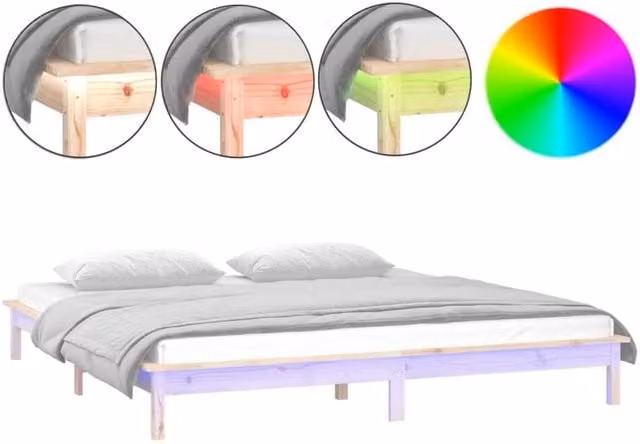 Berkfield Home Rustic Brown Solid Pine LED Bed Frame with Under-Bed Lighting and USB Charging Port, W: 140 cm, L: 200 cm