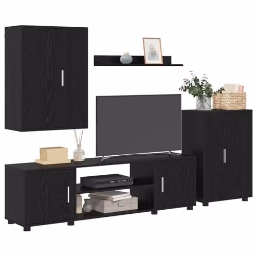vidaXL Modern TV Cabinet Set in Black Oak, featuring a Lowboard, Wall Cabinet and Open Shelf, W/D/H: 140 x 40 x 40 cm