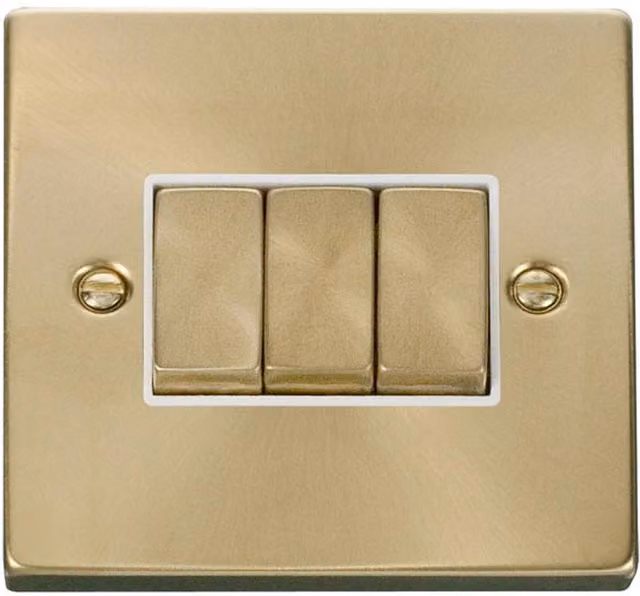 SE HOME Ingot 3 Gang 2 Way Surface Light Switch, Satin Brushed Brass and White